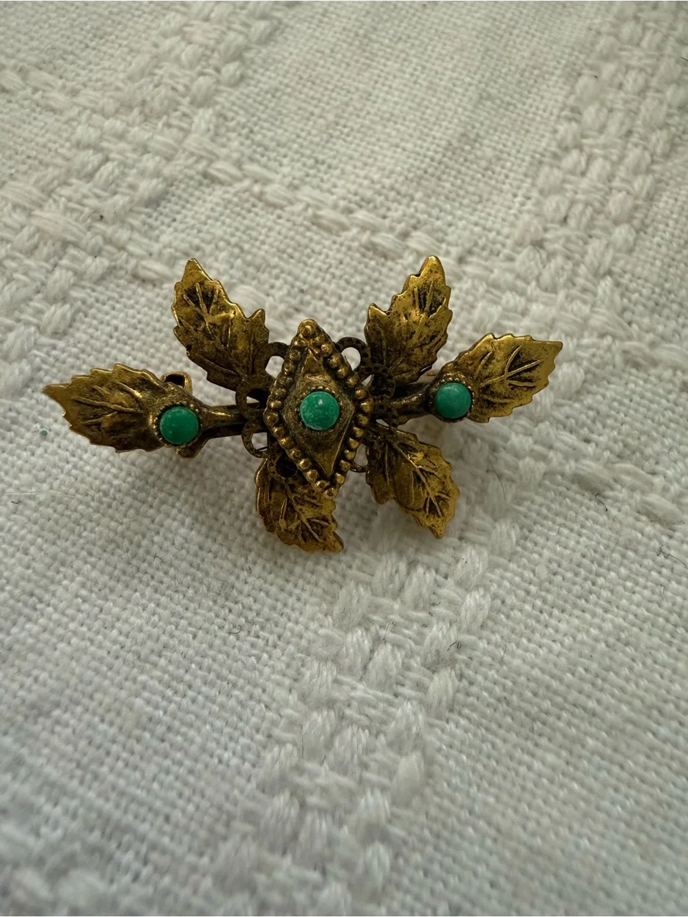 Vintage French Gold-Tone Leaf Brooch with Green Stones 1950s
